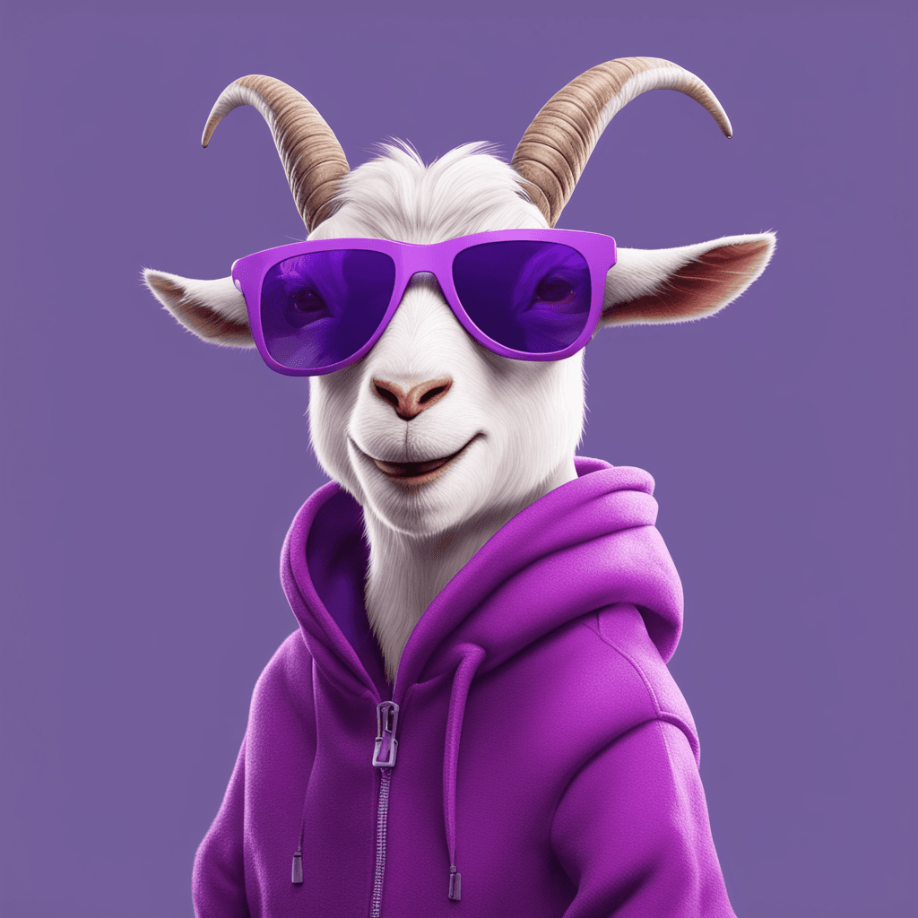 The Imagoat mascot — a cool goat in shades and a purple hoodie
